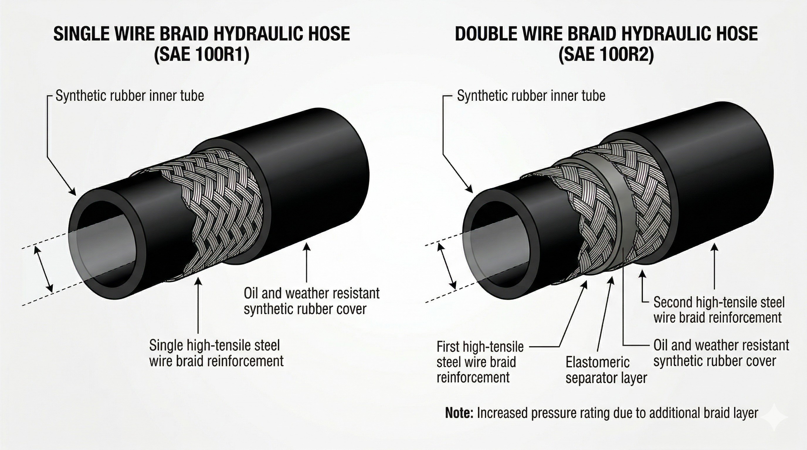 สายไฮดรอลิค SAE 100R1 และ 100R2 เปรียบเทียบโครงสร้าง